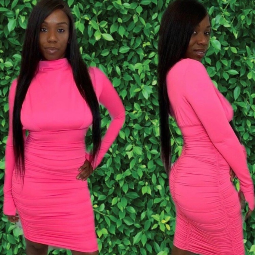 Pink ruched knee length dress